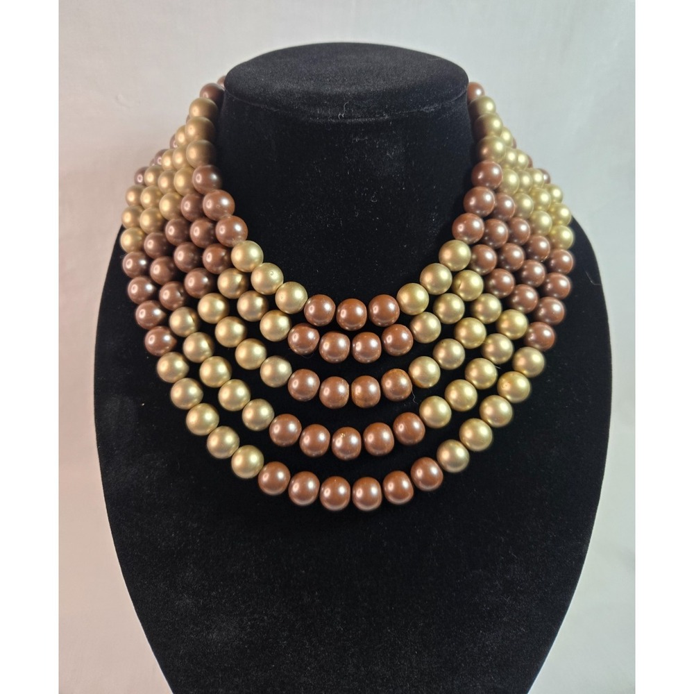 Vintage Marvella Multi-Strand Acrylic Bead Necklace Brown Gold‎ Statement 1980s